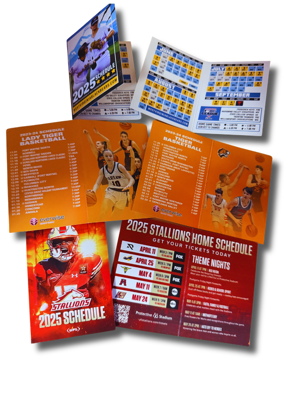 Bi-Fold Schedule Cards displaying sports schedules for minor league, professional and collegiate sports. 