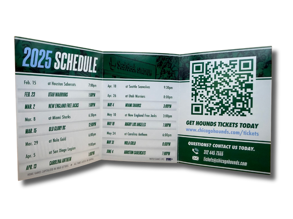 Example of a tri-fold pocket schedule for Chicago Hounds Rugby. 