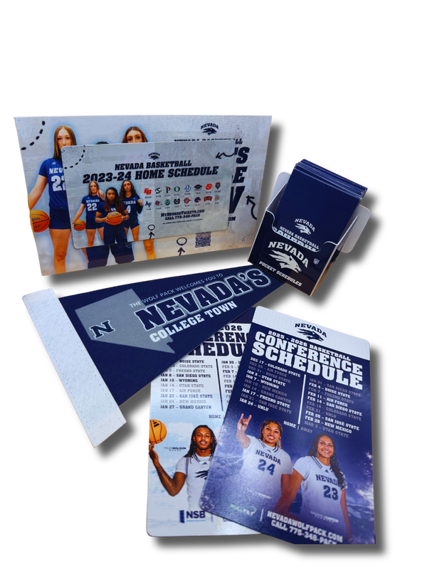 Image of University of Nevada Pocket Schedules, Pocket Schedule Holders, Pennant, Schedule Magnets and Postcard mailer. 