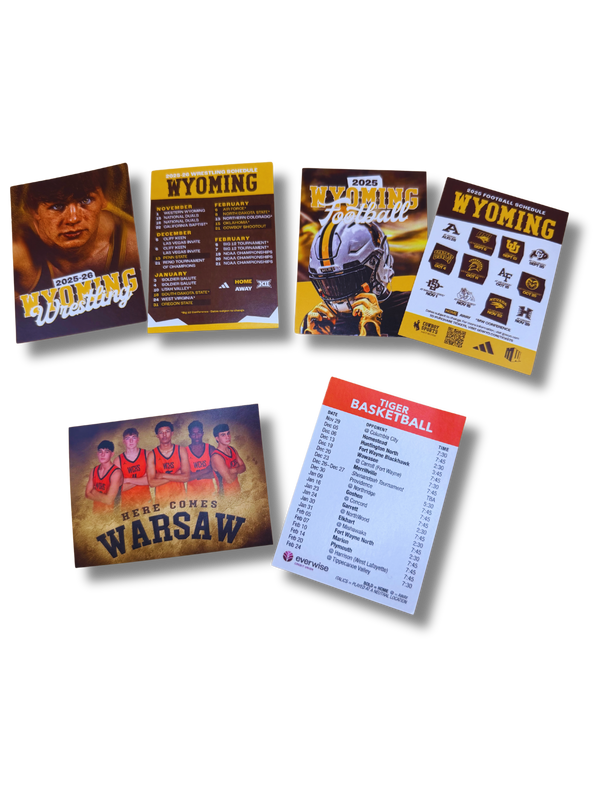 A collection of Schedule Cards displaying sports schedules for Collegiate sports. 