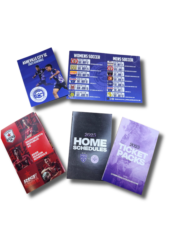 Collection of soccer pocket schedules and schedule cards. 