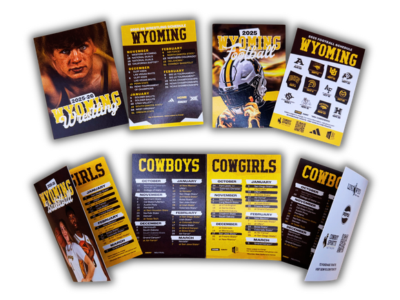 A season's worth of schedule cards and pocket schedules for the University of Wyoming sports teams. 